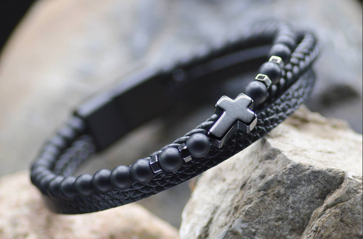 Cross Leather Black Beaded Bracelet