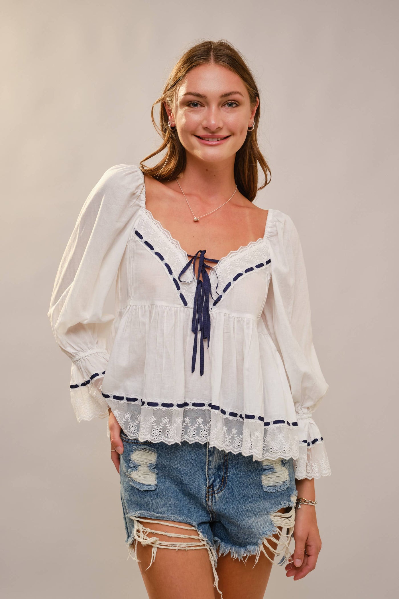 99503T - Lace Trim Peasant Blouse