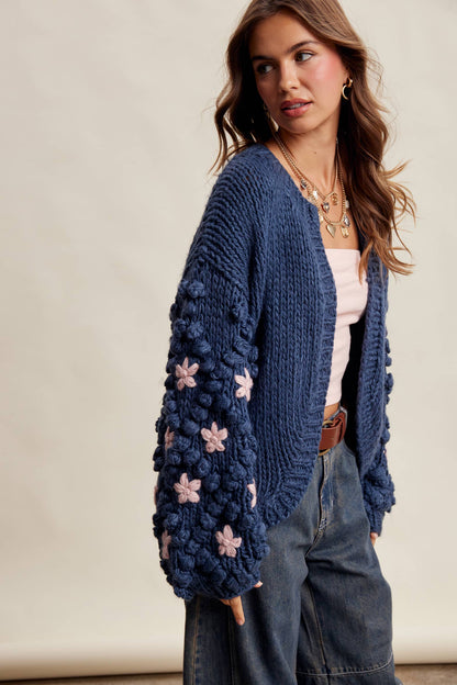 Hand Knit Floral Bobble Sleeve Cardigan