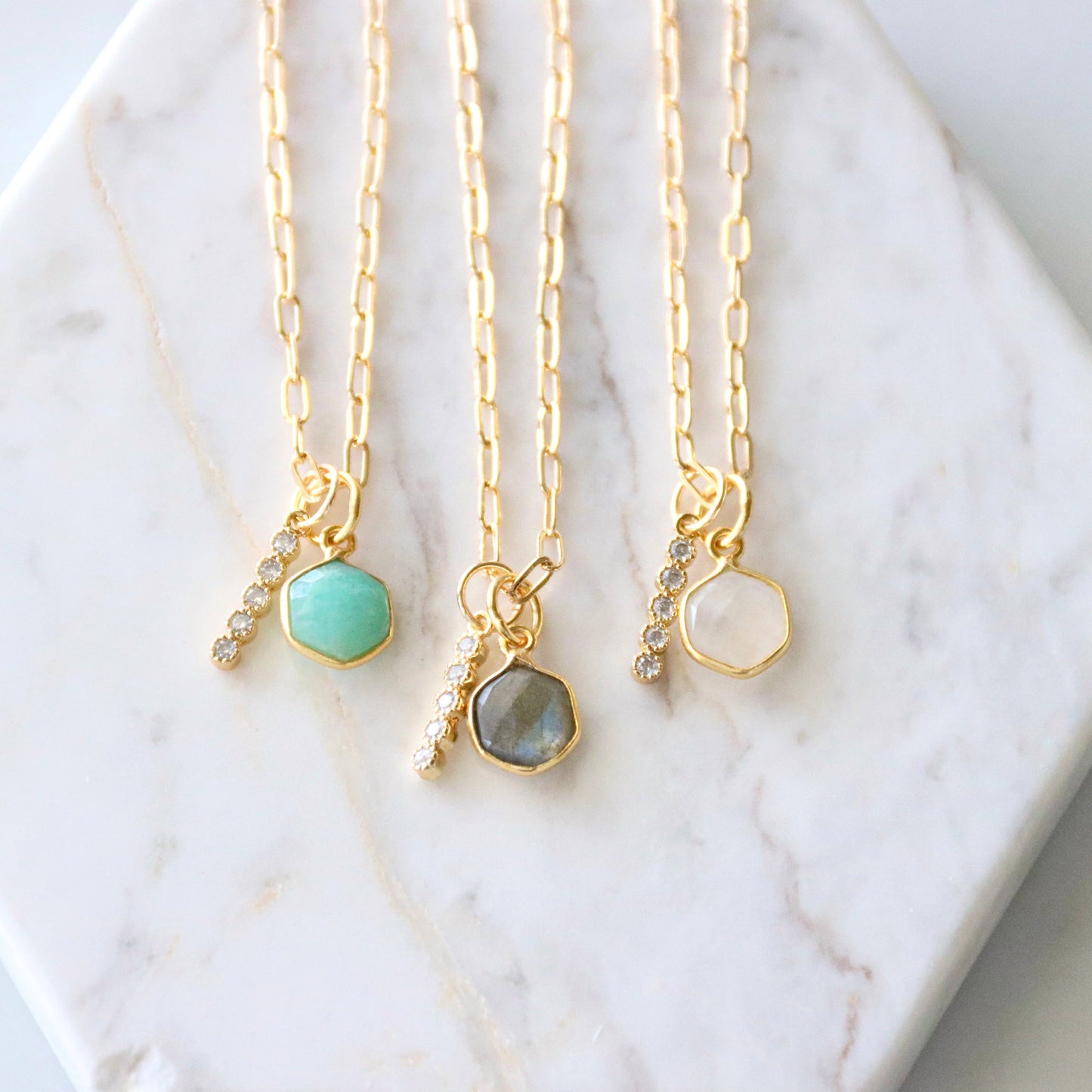 Oasis Stone Duo Drop Necklace - Amazonite, Labradorite, Moonstone