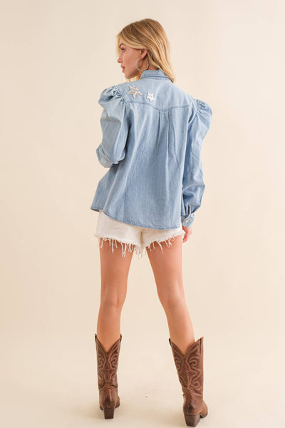 22728T - Garment Washed Chambray Sequin Shirt Blouse