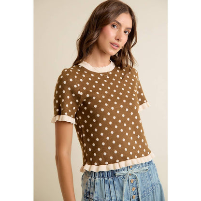 Dot Ruffled Sweater Knit Top