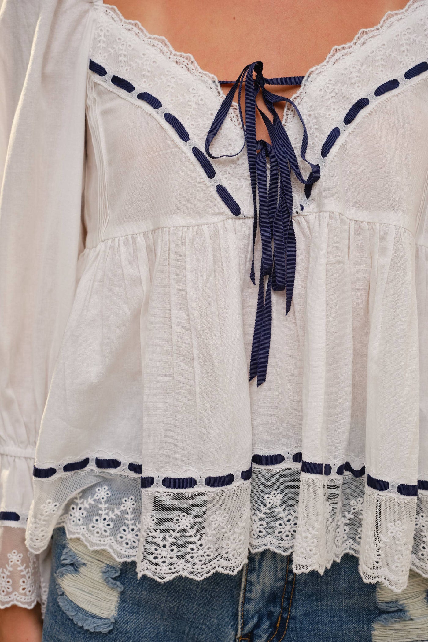 99503T - Lace Trim Peasant Blouse