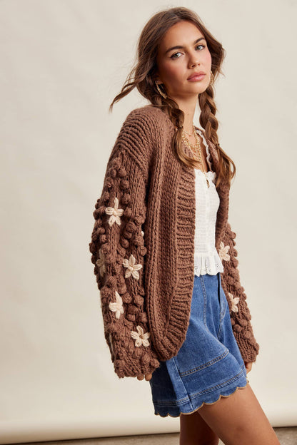 Hand Knit Floral Bobble Sleeve Cardigan