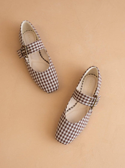 The Soho | Coffee Gingham Ballet Fall Flat Studded Buckle