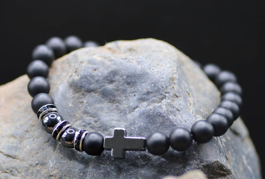 Cross Black  Bead/Hematite Bracelet