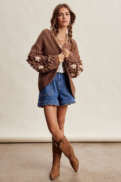Hand Knit Floral Bobble Sleeve Cardigan