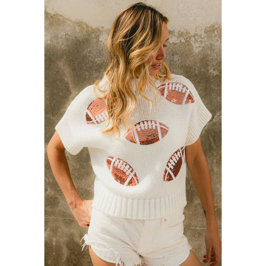 SEQUIN FOOTBALL PATCHES RIB BANDED SWEATER