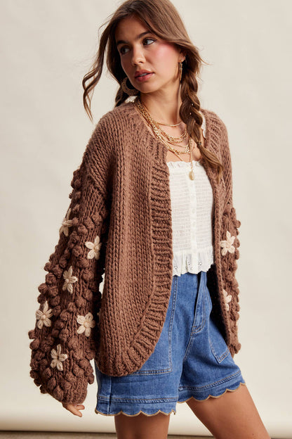 Hand Knit Floral Bobble Sleeve Cardigan