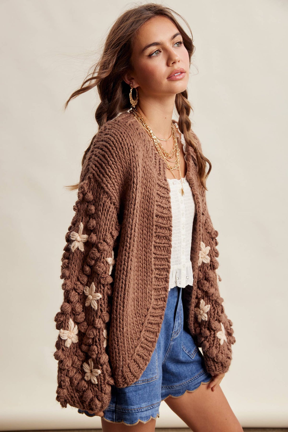 Hand Knit Floral Bobble Sleeve Cardigan