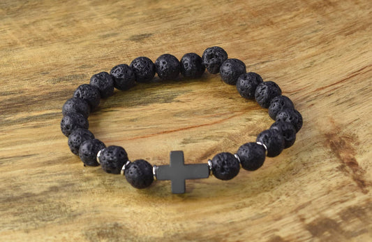 Cross Black Bead Bracelet