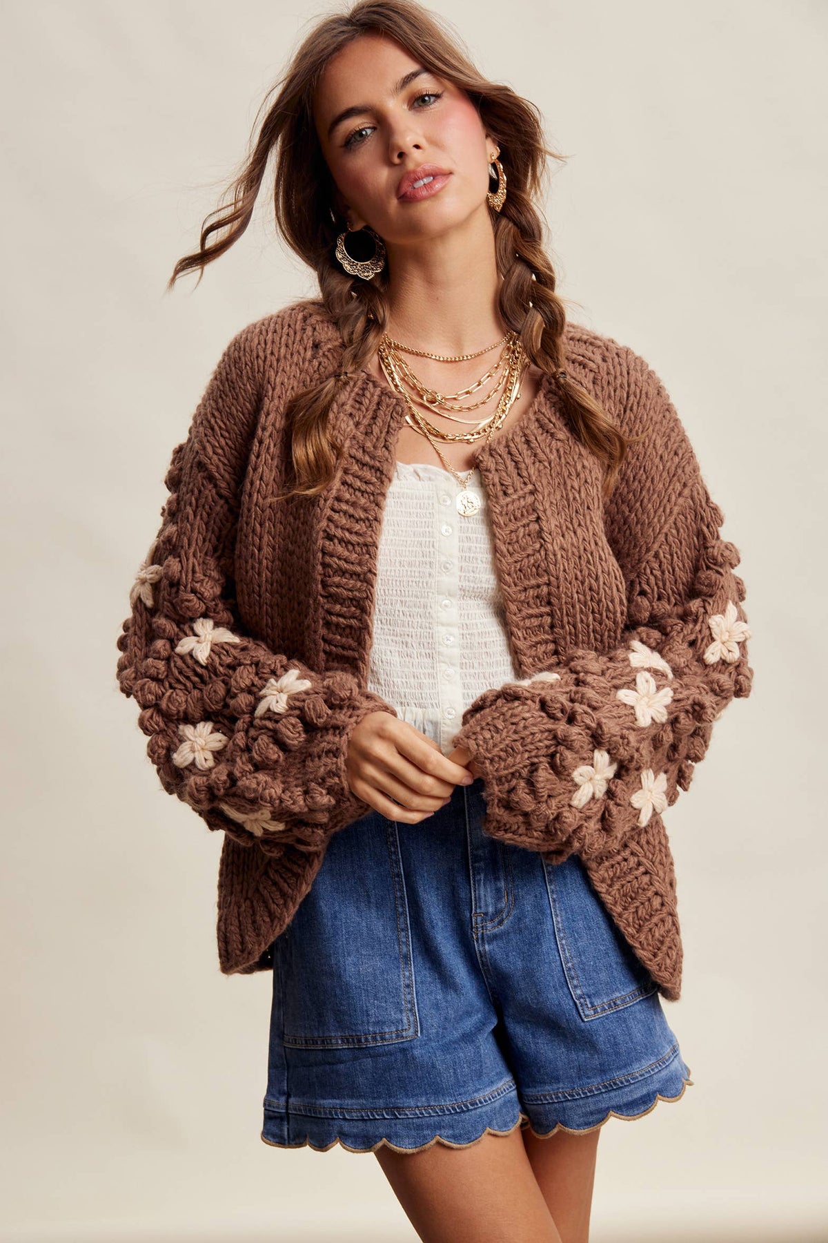 Hand Knit Floral Bobble Sleeve Cardigan