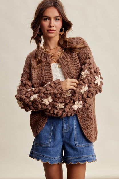 Hand Knit Floral Bobble Sleeve Cardigan