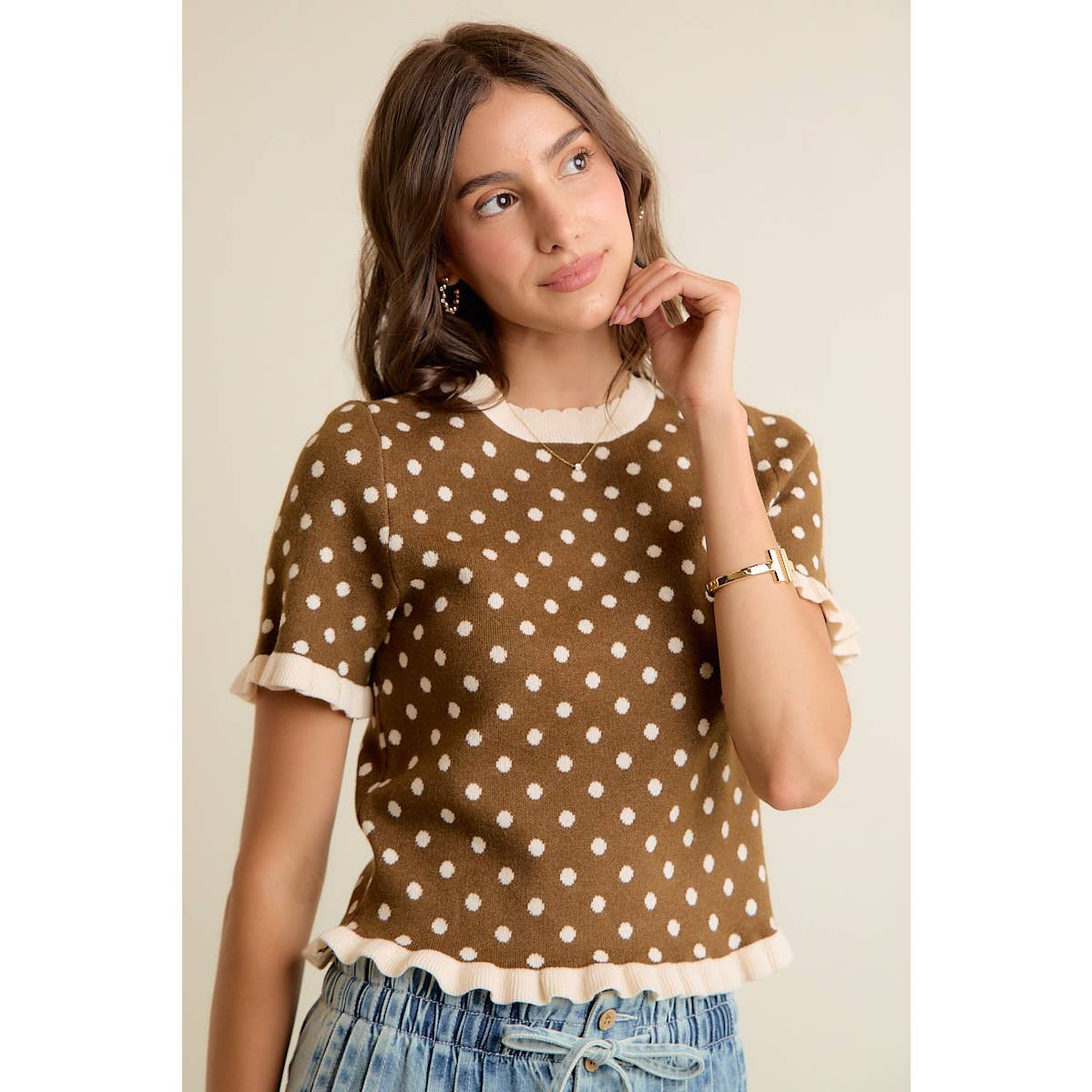 Dot Ruffled Sweater Knit Top