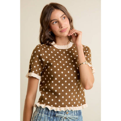 Dot Ruffled Sweater Knit Top