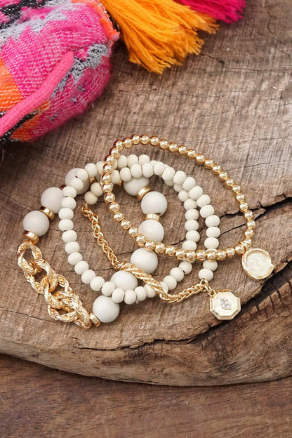 Beaded Cream wooden Beads Chain Coin Charms