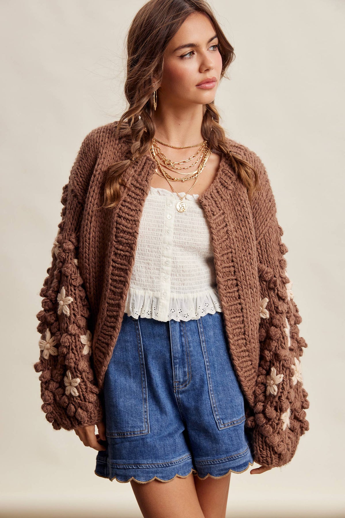 Hand Knit Floral Bobble Sleeve Cardigan