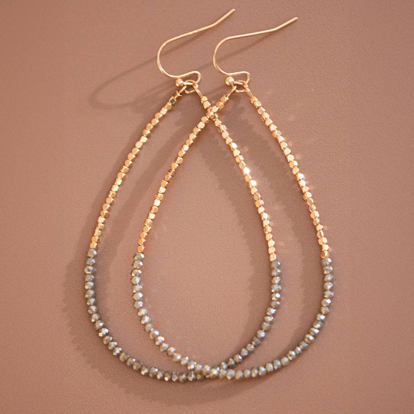 Gold Beaded Hollow Drop Earrings with Glass Beads - 6113