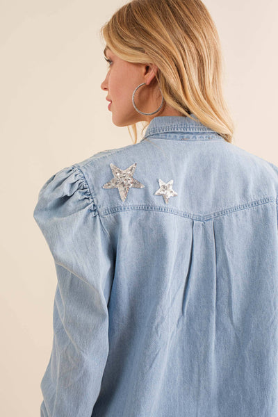 22728T - Garment Washed Chambray Sequin Shirt Blouse