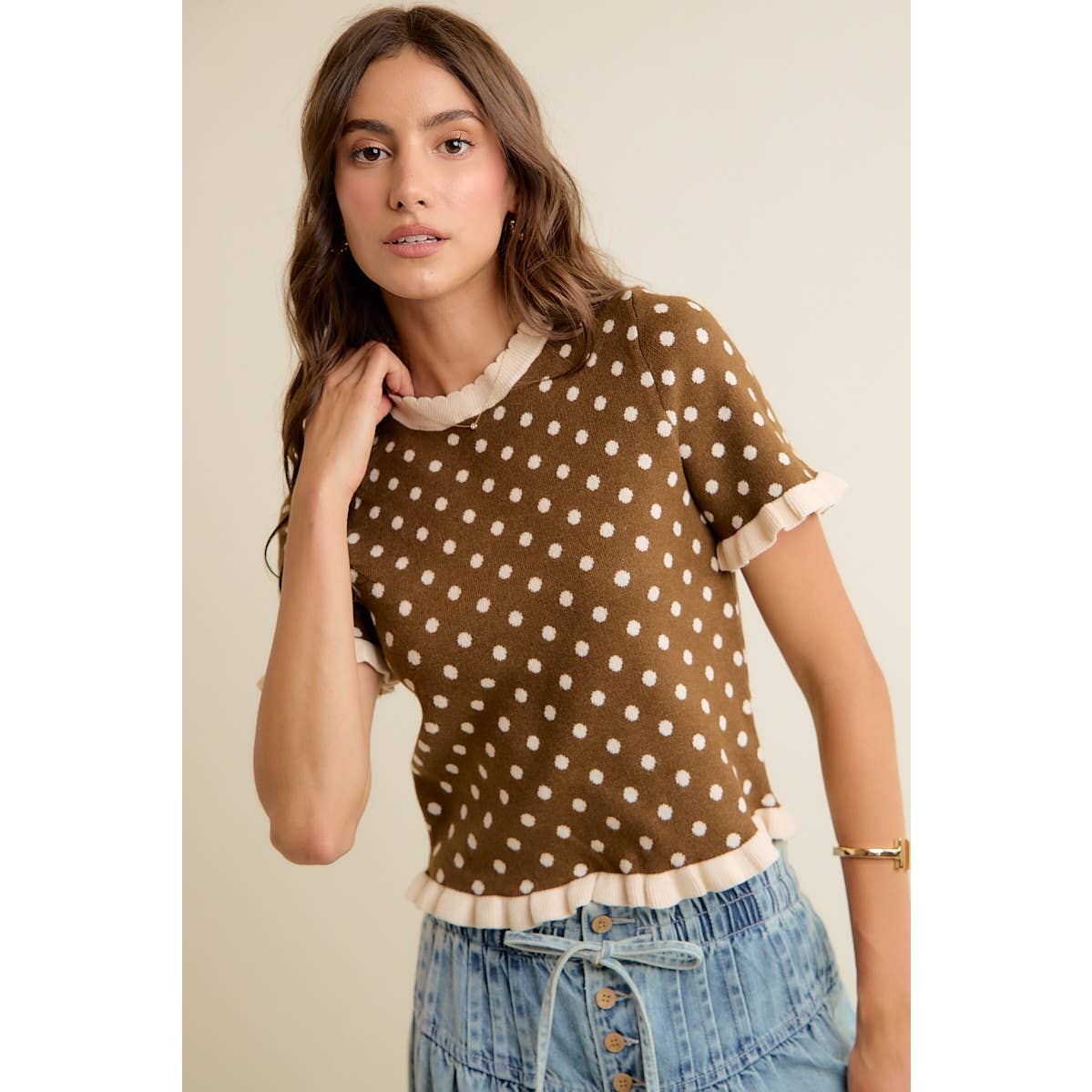 Dot Ruffled Sweater Knit Top