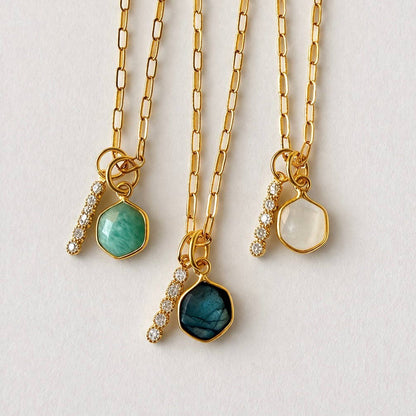 Oasis Stone Duo Drop Necklace - Amazonite, Labradorite, Moonstone