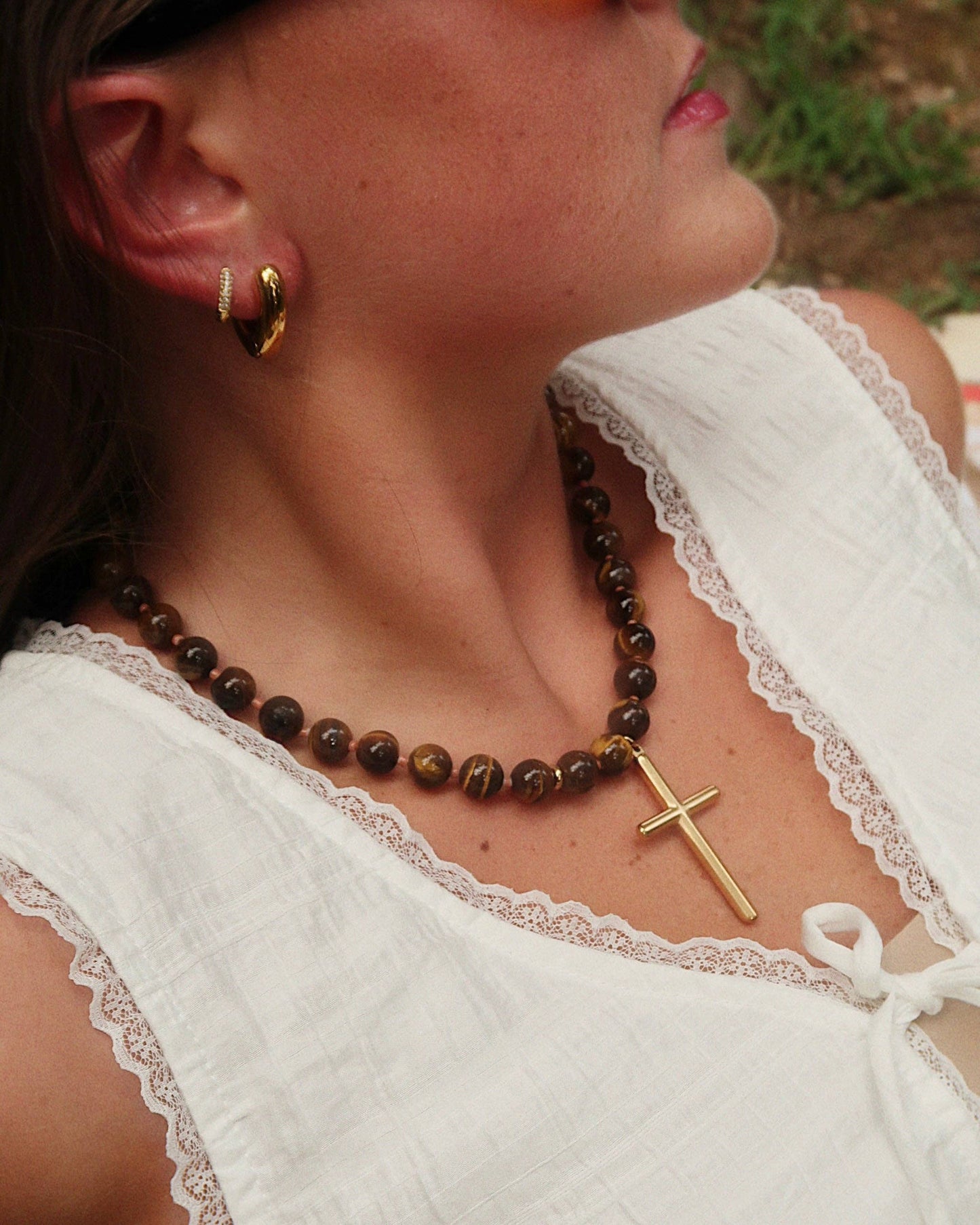 Conley Beaded Cross Necklace (Brown)