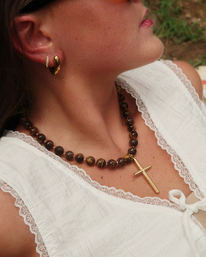 Conley Beaded Cross Necklace (Brown)