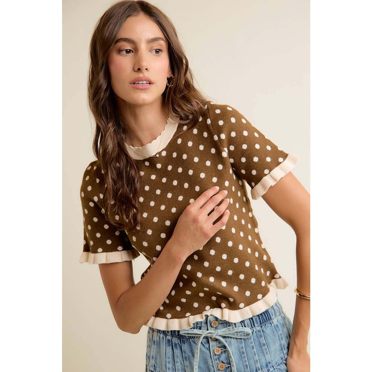 Dot Ruffled Sweater Knit Top