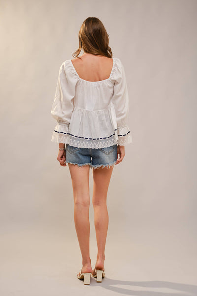 99503T - Lace Trim Peasant Blouse